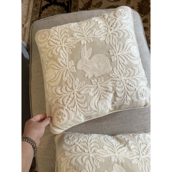 Set Of 2 Ivory Embroidered 18” Bunny Rabbit Pillows. - Spring Cottagecore Accent - Picture 7 of 11